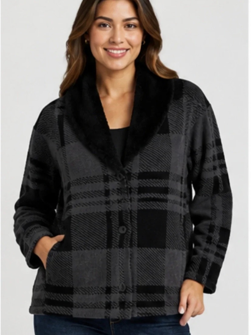 Barefoot Dreams Cozy Chic Plaid Shearling Cardigan Black Plaid Size 1X New